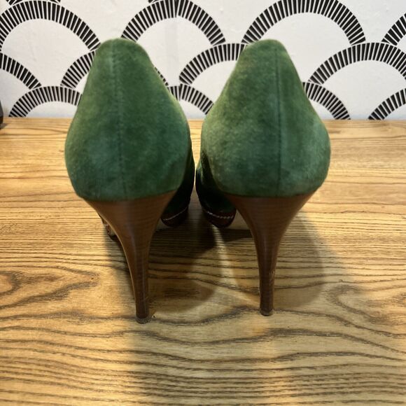 Zara Woman Peep Toe Green Suede Wood Heel Shoes‎ - Size EU 39, US 8 - Picture 5 of 7